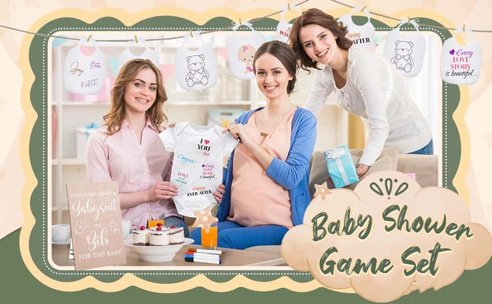 Baby Shower Games Bodysuits Bibs Design Game 9 DIY Newborn Bodysuit 15 White Blank Baby Bibs for Baby Shower Gender Reveal Party