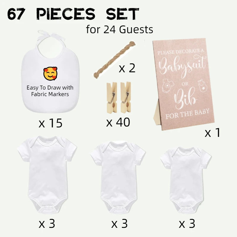 Baby Shower Games Bodysuits Bibs Design Game 9 DIY Newborn Bodysuit 15 White Blank Baby Bibs for Baby Shower Gender Reveal Party